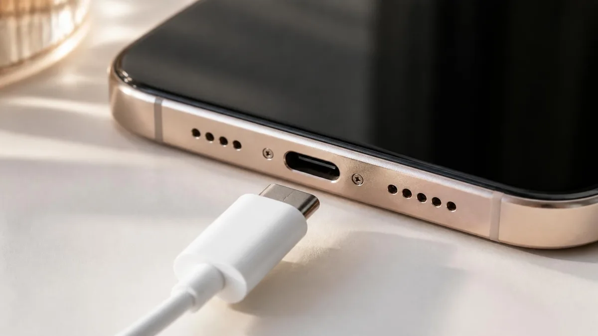 ภาพประกอบ: ภาพใกล้พอร์ตชาร์จ USB-C ของมือถือและหัวสายชาร์จ
